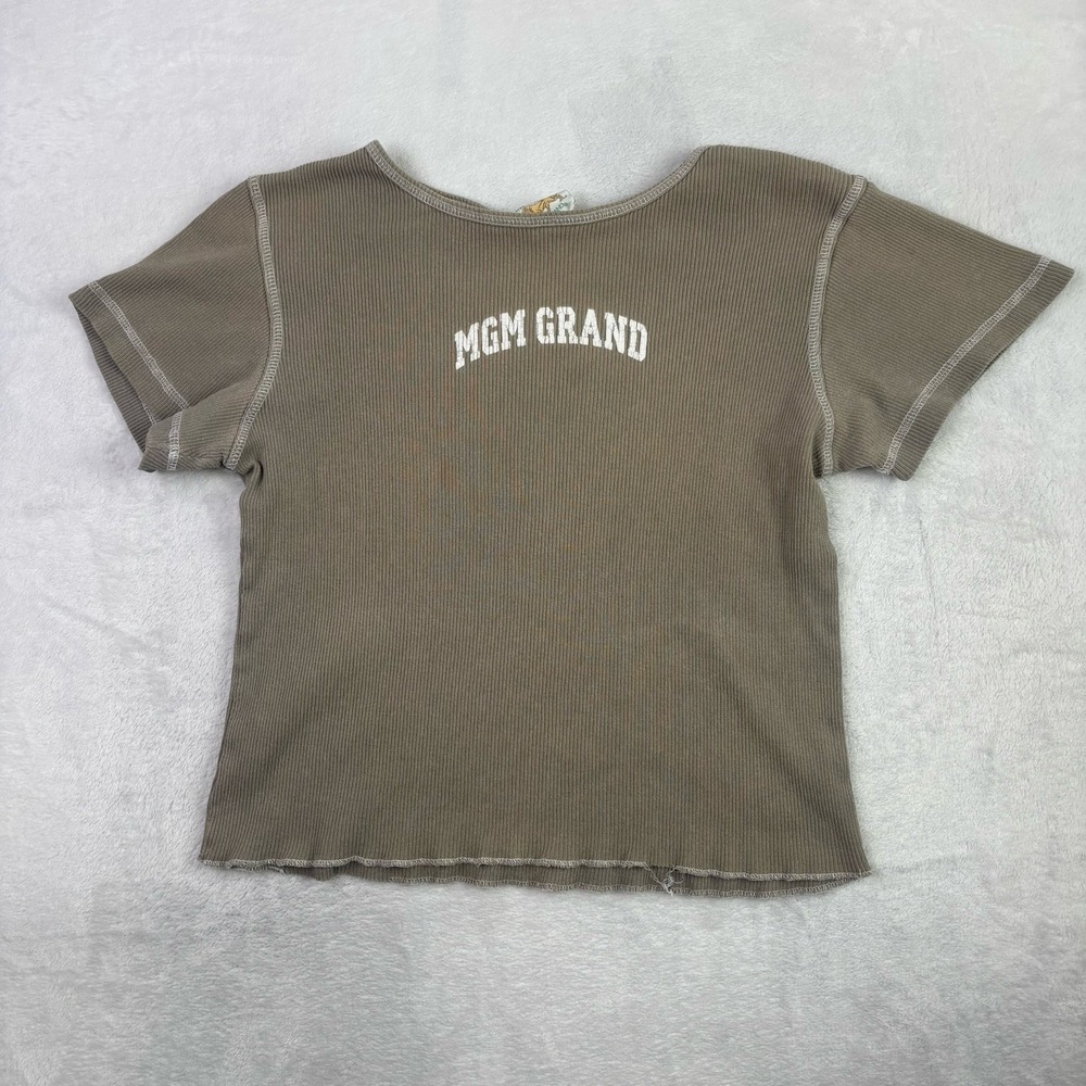 VTG MGM Grand Ribbed Beige Short Sleeve Graphic Baby Doll Top Women's L/XL